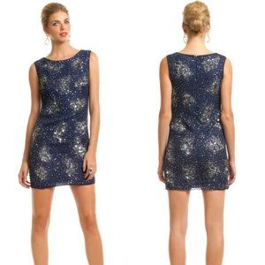 Badgley Mischka Dark Blue Sequined Silk Shift Dress